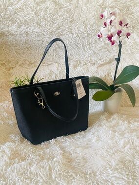 Coach Black Leather Tote with Gold-Tone Accent
